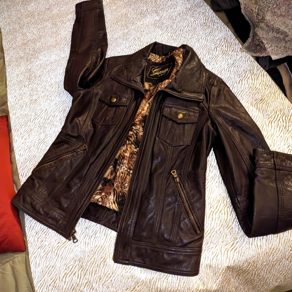 GUESS Brown Leather Moto Jacket